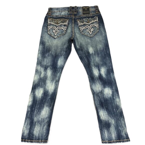 Rock Revival Rand Taper Jeans Men 36x34 Blue Tie Dye Studded Stretch Denim - Picture 2 of 12
